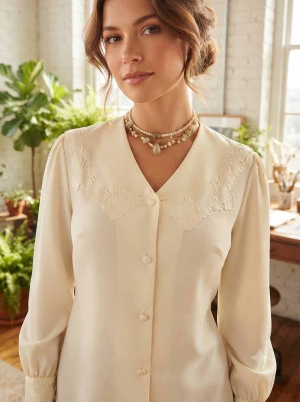 Christie & Jill Victorian Sailor Collar Blouse with Tone-on-Tone Embroidery